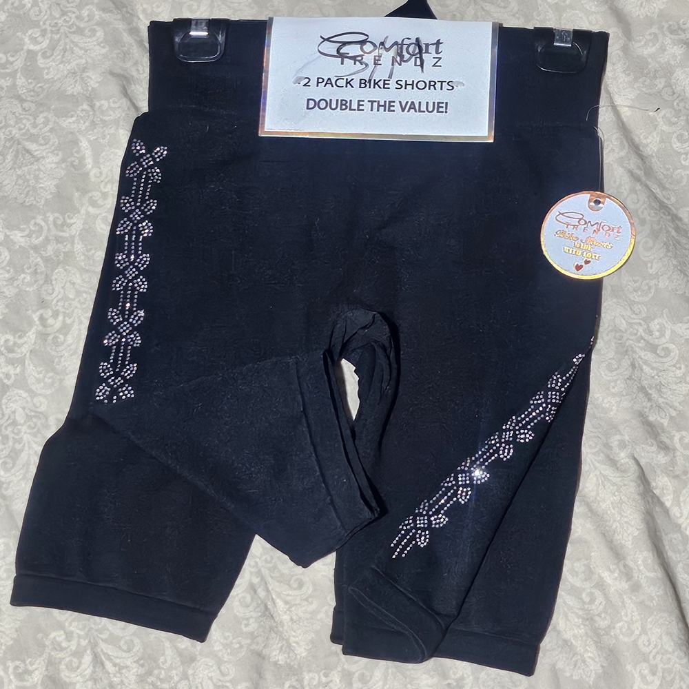 Black 2-PK Bike Shorts with Rhinestone Floral Detail